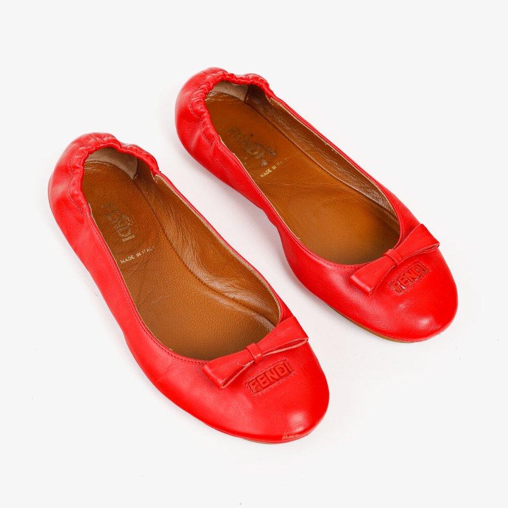 Fendi Coral Red Leather Bow Scrunch Ballet Flats, Size 7.5